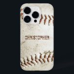 Coque Pour iPhone 14 Pro Baseball vintage Personnalisé<br><div class="desc">Une photo d'un baseball vintage usé fournit l'arrière - plan pour ce coque iphone personnalisé. Ajoutez votre nom dans la police grunge sans serif en mauvais état à l'ombre de brun rougeâtre qui correspond à la couture. Idéal pour les amateurs de baseball ou de sport sur votre liste de cadeaux....</div>