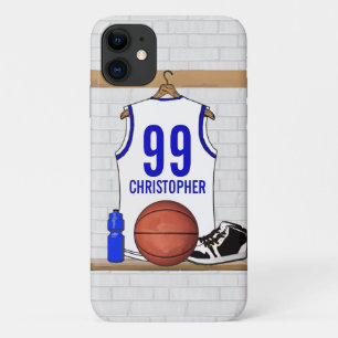 Coques Pour iPhone Basket-ball blanc et bleu personnalisé Jersey