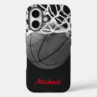 Coques iPhone 16 Basket-ball Votre nom Black White Red