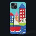 Case-Mate iPhone Case Bateau à voile et ballon à air chaud avec Cityscap<br><div class="desc">Un paysage urbain sert d'arrière - plan pour un voilier et une montgolfière. Un soleil éclatant brille sur la scène, et un mignon poisson nage sous l'eau. Achetez cette impression paisible dès aujourd'hui !</div>