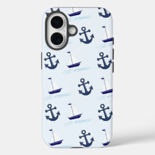 Coques iPhone 16 Bateau à voile et Motif d'Ancres Bleu