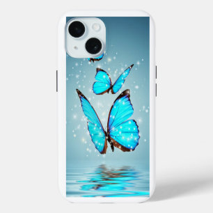 Coque Pour iPhone 15 beau papillon bleu brillant