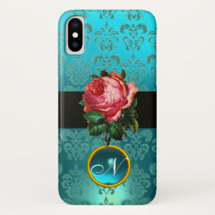 ETUI iPhone Case-Mate BEAU ROSE ROSE BLEU TURQUOISE DAMASK GEM MONOGRAM