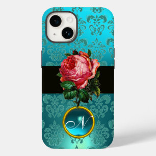 COQUES POUR iPhone BEAU ROSE ROSE BLEU TURQUOISE DAMASK GEM MONOGRAM