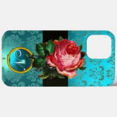 COQUES Case-Mate iPhone BEAU ROSE ROSE BLEU TURQUOISE DAMASK GEM MONOGRAM (Verso (horizontal))