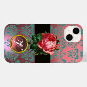 COQUES Case-Mate iPhone BEAU ROSE ROSE BLEU TURQUOISE DAMASK GEM MONOGRAM (Verso (horizontal))
