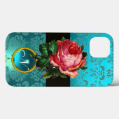 COQUES Case-Mate iPhone BEAU ROSE ROSE BLEU TURQUOISE DAMASK GEM MONOGRAM (Verso (horizontal))