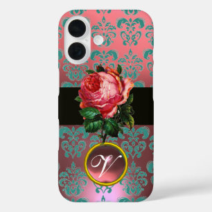 COQUES iPhone 16  BEAU ROSE ROSE BLEU TURQUOISE DAMASK GEM MONOGRAM