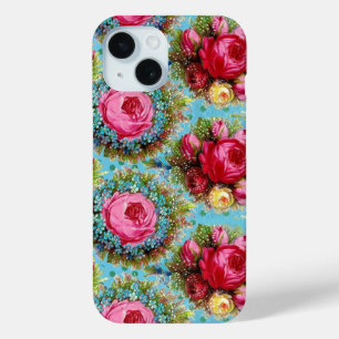 COQUE POUR iPhone 15 BEAU ROSE ROUGE ROSE ROSE ET FLEURS BLEUES