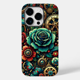 Coque Pour iPhone 14 Pro Beaux engrenages et roses sur le thème Steampunk