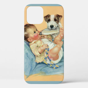 Coques Pour iPhone Bébé garçon mignon vintage avec biberon et chiot