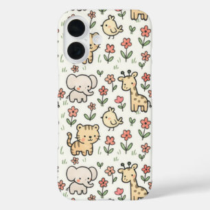 Coques iPhone 16 Bébé Safari Animal Avec Fleurs De Doodle