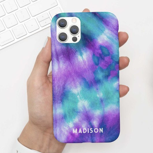 Coques Case-Mate iPhone Belle Aqua Purple Tie Dye Aquarelle + Nom