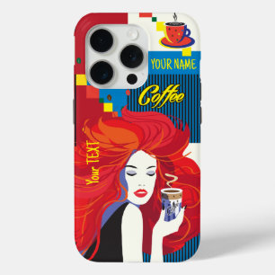 Coque iPhone 15 Pro Belle Fashion Woman et café POP-ART tendance