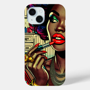 Coque Pour iPhone 15 Belle Femme Se Mettant du Rouge à Lèvres