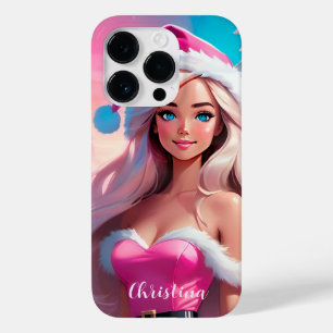 Coque Pour iPhone 14 Pro Belle fille de Noël rose 01