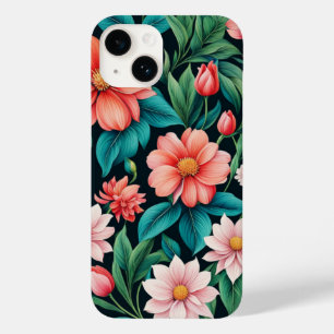 Coque Pour iPhone 14 Belle Fleurs de Printemps Rose et Feuilles verts V