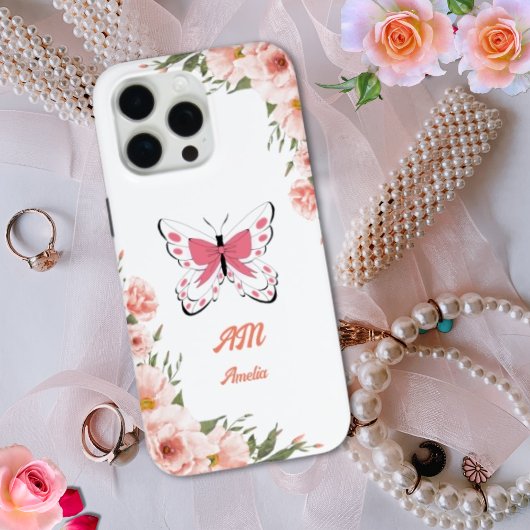 Coques Case-Mate iPhone Belle Fleurs Roses Papillon Fille Nom