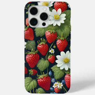 Coque iPhone 15 Pro Max Belle fraise naturelle et motif de fleurs.