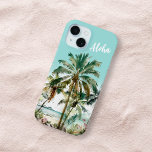 Coque Pour iPhone 15 Belle île Chic Tropical Beach Palm Tree<br><div class="desc">Cette belle étagère téléphonique présente une belle aquarelle illustrant une plage tropicale, des palmiers, et l'océan avec un script de calligraphie moderne "Aloha". Conservez le script tel quel ou customisez-le avec votre nom pour customiser ce design. Il fait aussi un merveilleux cadeau d'anniversaire ou de vacances pour un interurbain, un...</div>