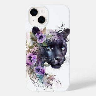 Coque Pour iPhone 14 Belle Panthère Florale Purple Aquarelle
