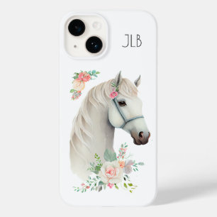 Coque Pour iPhone 14 Belle tête de cheval blanc Boho Floral Monogramme