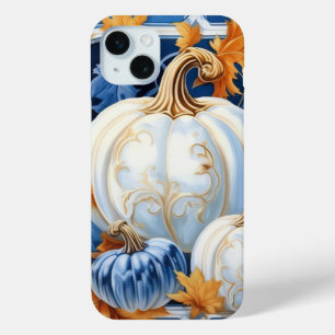 Coque iPhone 15 Mini Belles CITROUILLES BLEUES BLANCHES ORANGES D'AUTOM
