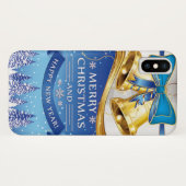 Coques Case-Mate iPhone Belles cloches de Noël dorées avec Bow Bleu (Dos (Horizontal))