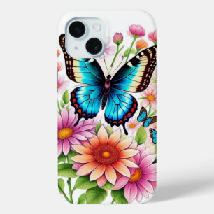 Coque Pour iPhone 15 Belles Fleurs Et Papillons