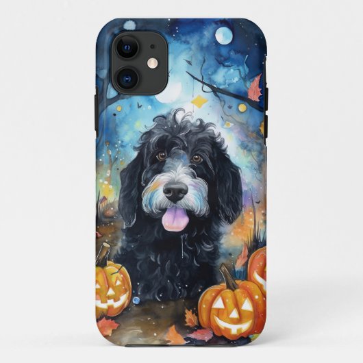 Coques Case-Mate iPhone Bernedoodle Halloween avec citrouilles effrayant (Dos)