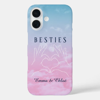 Coques iPhone 16 Besties meilleures amies fond ciel bleu et rose