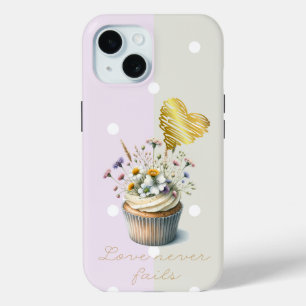 Coque Pour iPhone 15 Bible Adorable Mauve Gris Point Floral Cupcake Cœu