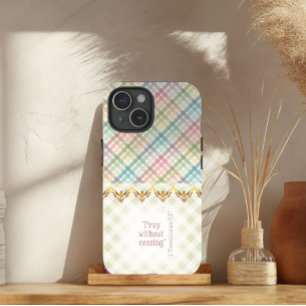 Coque Pour iPhone 15 Bible de la colombe dorée au plaid pastel et vert