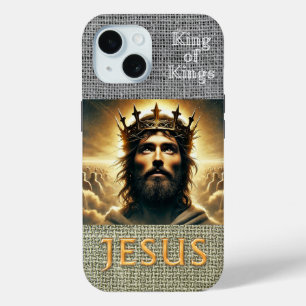 Coque Pour iPhone 15 Bible Inspirante Gris Hessian Jésus Roi Or