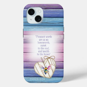 Coque Pour iPhone 15 Bible Mauve Bleu Bois Féminin Cœur Aquarelle Abeil