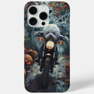 Coque iPhone 15 Pro Max Bichon Frisé en moto Halloween effrayant