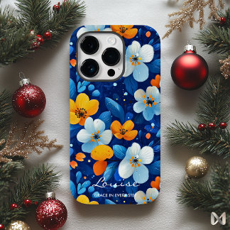 Coque Pour iPhone 14 Pro Bien-être Élégance Florale Vibrante Bleu et Orange