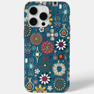 Coque iPhone 15 Pro Max bijou boho trésors paon bleu