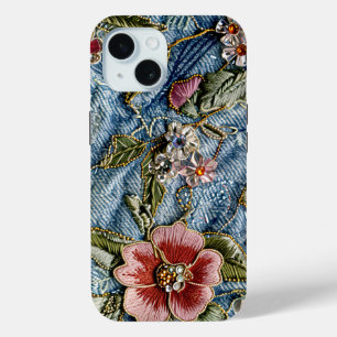 Coque Pour iPhone 15 Bijou brodé Floral Denim Texture