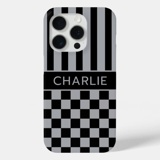 Coques Case-Mate iPhone Black and Gray Checkered Striped Personalized (Verso)