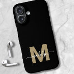 Coques iPhone 16 Black Gold Modern Feminine Script Name Monogram<br><div class="desc">Personalized Gold and Black Script Initial Monogram Phone Case. Add a touch of luxury and elegance to your phone with this personalized phone case. Featuring a sleek black background, a bold gold initial (note: the gold is a flat color with no shimmer), and a flowing white script name, this design...</div>