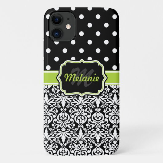 Coques Case-Mate iPhone Black Green Monogramme Damask Pois Motif (Dos)