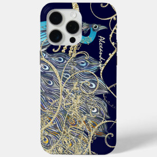 Coque iPhone 15 Pro Max Black Peacock Swirl de la Marine d'or