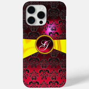 Coque iPhone 15 Pro Max BLACK RED DAMASK MONOGRAM Gold Yellow Ribbon