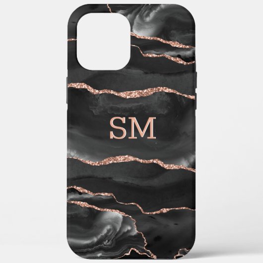 Coques Case-Mate iPhone Black Rose Gold Agate Moderne Monogramme (Verso)