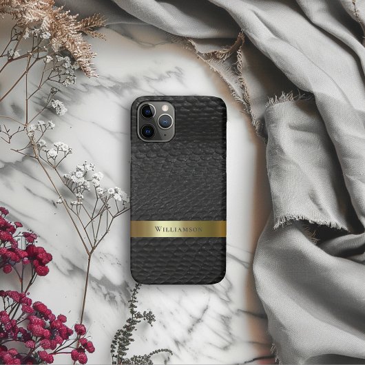 Coques Case-Mate iPhone Black Snakeskin Digital Leather Gold Metal