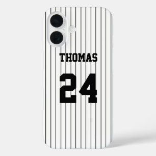 Coques iPhone 16 Black Stripes White Basball Jersey Nom Numéro
