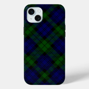 Coque iPhone 15 Mini Black Watch Tartan bleu vert Plaid