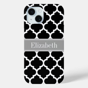 Coque Pour iPhone 15 Black White Moroccan #5 Dark Gray Name monogram