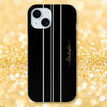 Coque Pour iPhone 15 Black White Racing Stripes Chic Gold Monogrammed<br><div class="desc">Créez votre propre design personnalisé, personnalisé, cool, classe, élégant, classique, noir et blanc rayures de course, fausse typographie or / script monogramme, chic, élégant, élégant, élégant, ajusté, plume, tendance, profil mince, léger, résistant aux impacts, durable plastique dur, fini brillant coque iphone Apple. Pour customiser, il suffit de taper votre nom...</div>